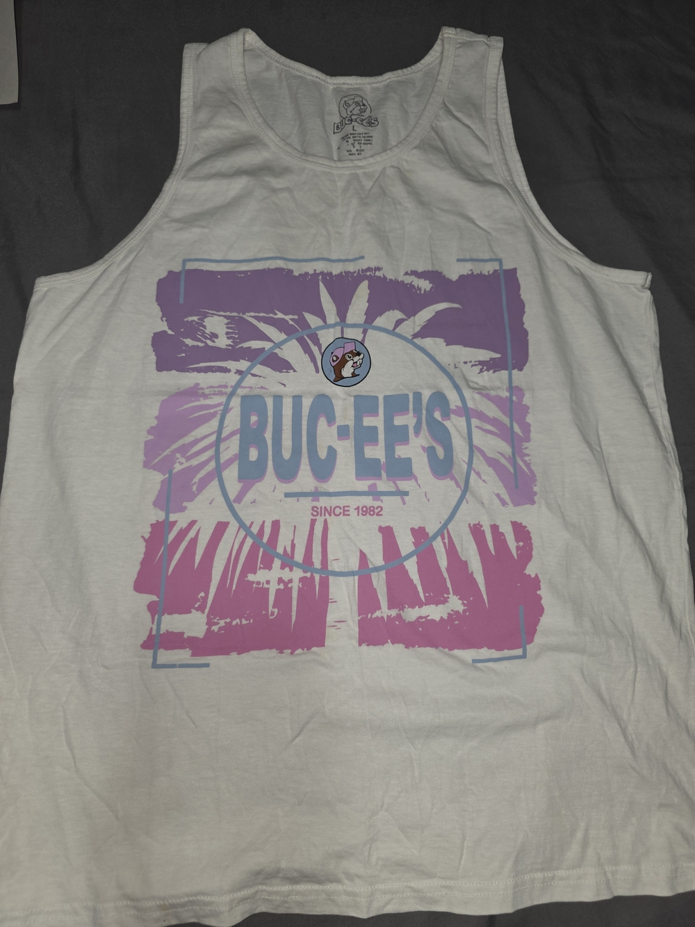 Buc-ee's White Graphic Tank Top with Pink & Purple Palm Design